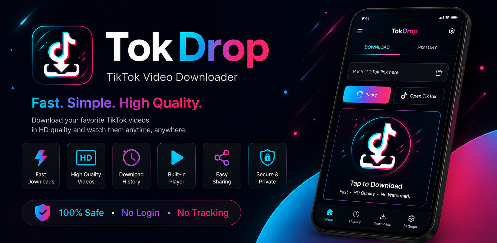 TokDrop app screens showing the download screen and menu